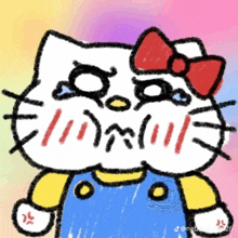 a drawing of hello kitty with overalls and a red bow on her head