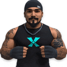 a man with a beard and tattoos wears a black tank top with a blue x on it