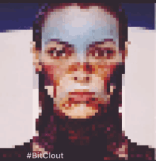 a pixelated portrait of a woman with the hashtag #bitclout on the bottom