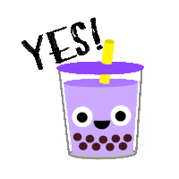 a cartoon illustration of a purple drink with a yellow straw and the word yes above it