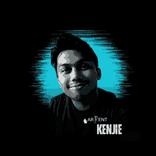 a black and white photo of a man with the name kenjie