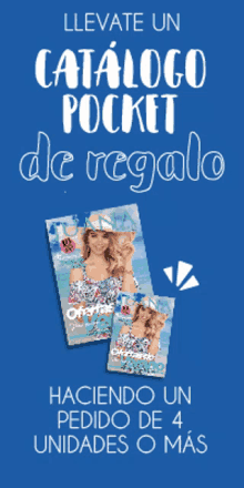 a blue poster that says ' llevate un catalogo pocket de regalo ' on it