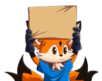 a cartoon fox in a blue shirt is holding a cardboard sign