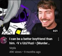 a man wearing headphones is smiling in front of a cartoon of a girl