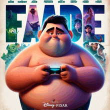 a poster for fade shows a shirtless man holding a game controller