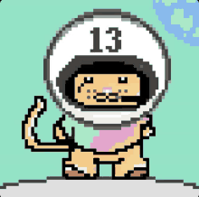 a pixel art of a cat wearing a helmet with the number 13