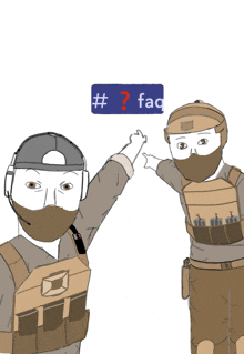 two soldiers giving each other a high five in front of a sign that says # faq