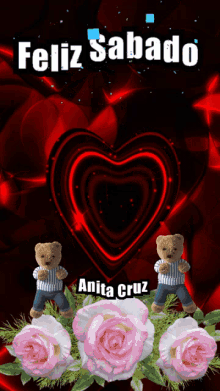 a feliz sabado greeting card with two teddy bears in front of a heart