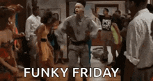 a group of people are dancing in a room with the words `` funky friday '' written on the bottom .