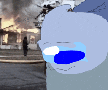 a drawing of a person crying in front of a burning building with the words xexe written on it