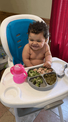 a baby in a high chair with a plate of food