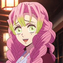 a girl with pink hair and green eyes looks at the camera