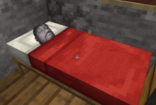 a man laying in a bed with a red blanket and a cross in the middle