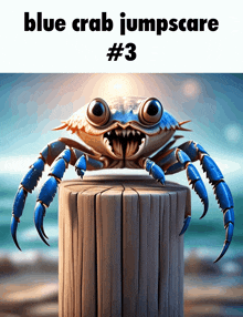 a blue crab is sitting on a wooden post with the words blue crab jumpscare # 3 below it