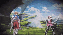 a boy and a girl are standing in a field with swords