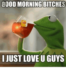 kermit the frog is drinking a cup of tea and saying good morning bitches i just love u guys