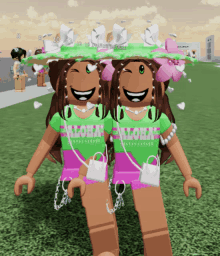 two girls wearing aloha shirts are standing next to each other in a video game