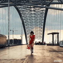 a woman in a red dress is walking across a bridge with rosaliagifs written below her