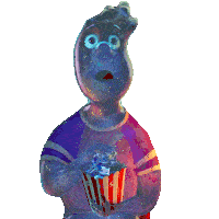 a cartoon character in a purple shirt is holding a bag of popcorn