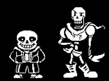 a pixel art of sans and papyrus from undertale standing next to each other on a black background .