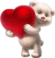 a white teddy bear is holding a red heart in its paws