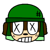 a cartoon character wearing a green helmet has x 's drawn on his eyes