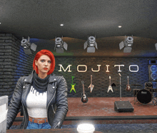 a woman in a leather jacket stands in front of a mojito sign