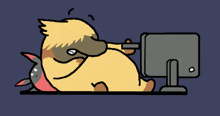 a cartoon of a dog and a rabbit looking at a computer monitor