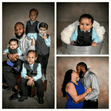 a man and woman are posing for a picture with their children and a baby in a bucket .