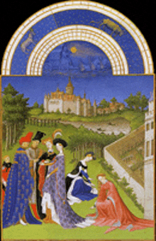 a painting of a group of people standing in front of a building with a castle in the background