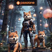 a poster for pawzone shows a man in armor standing next to two dogs