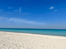 a beach with a blue sky and a turquoise ocean