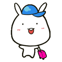 a cartoon rabbit wearing a blue hat is holding a pink suitcase