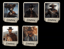 several pictures of cowboys are displayed on a dark background