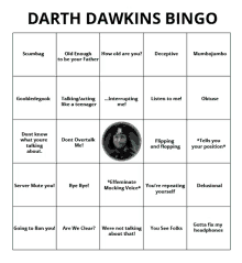 a darth dawkins bingo card with a picture of a man in a storm trooper uniform