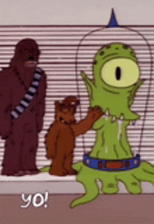 a cartoon character is standing next to a chewbacca and a green alien with one eye .