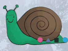 a green snail with a brown shell is surrounded by different shapes