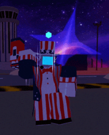 a cartoon character wearing a red white and blue outfit