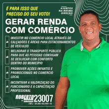 a man in a green shirt stands in front of a poster that says roberto23007