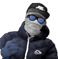 a man wearing a nike hat and sunglasses has a mask on his face