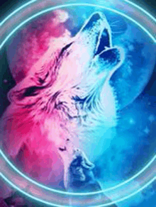 a wolf howling at the moon in a neon circle