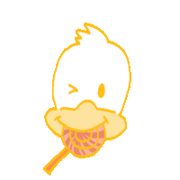 a yellow duck with a lollipop in its mouth