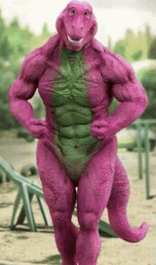 a muscular purple and green dinosaur is standing in a park .