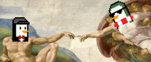 a pixel art painting of a man and a penguin touching each other 's hands