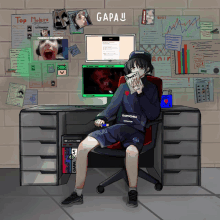 a drawing of a person sitting at a desk with the word gapa written on the wall behind them