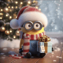 a minion wearing a santa hat and scarf is holding a gift with a tag that says for you