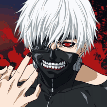 a man with white hair and red eyes is wearing a mask