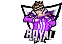 a logo for royal romania shows a man wearing a crown and holding a gun