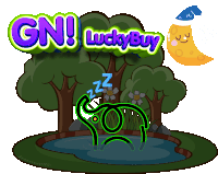 a logo for gn luckybuy shows a sleeping elephant in a pond