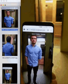 a man in a blue shirt is displayed on a phone